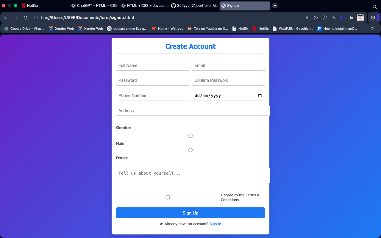 Screenshot of signup page design